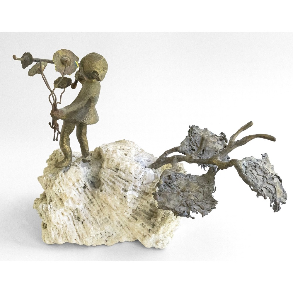 Vintage Brutalist Sculpture Little Girl With Flowers Bronze Stone Base - Picture 3 of 8